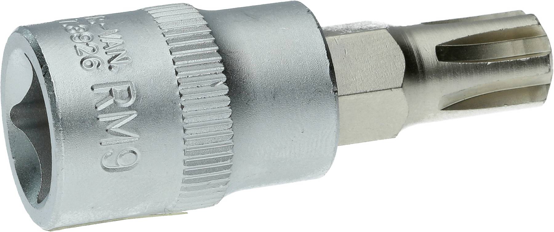 Metallischer Steckschlüsselaufsatz, zylindrische Form mit geriffeltem Griff und markierter Kennzeichnung. Geeignet für präzise Schraubarbeiten.