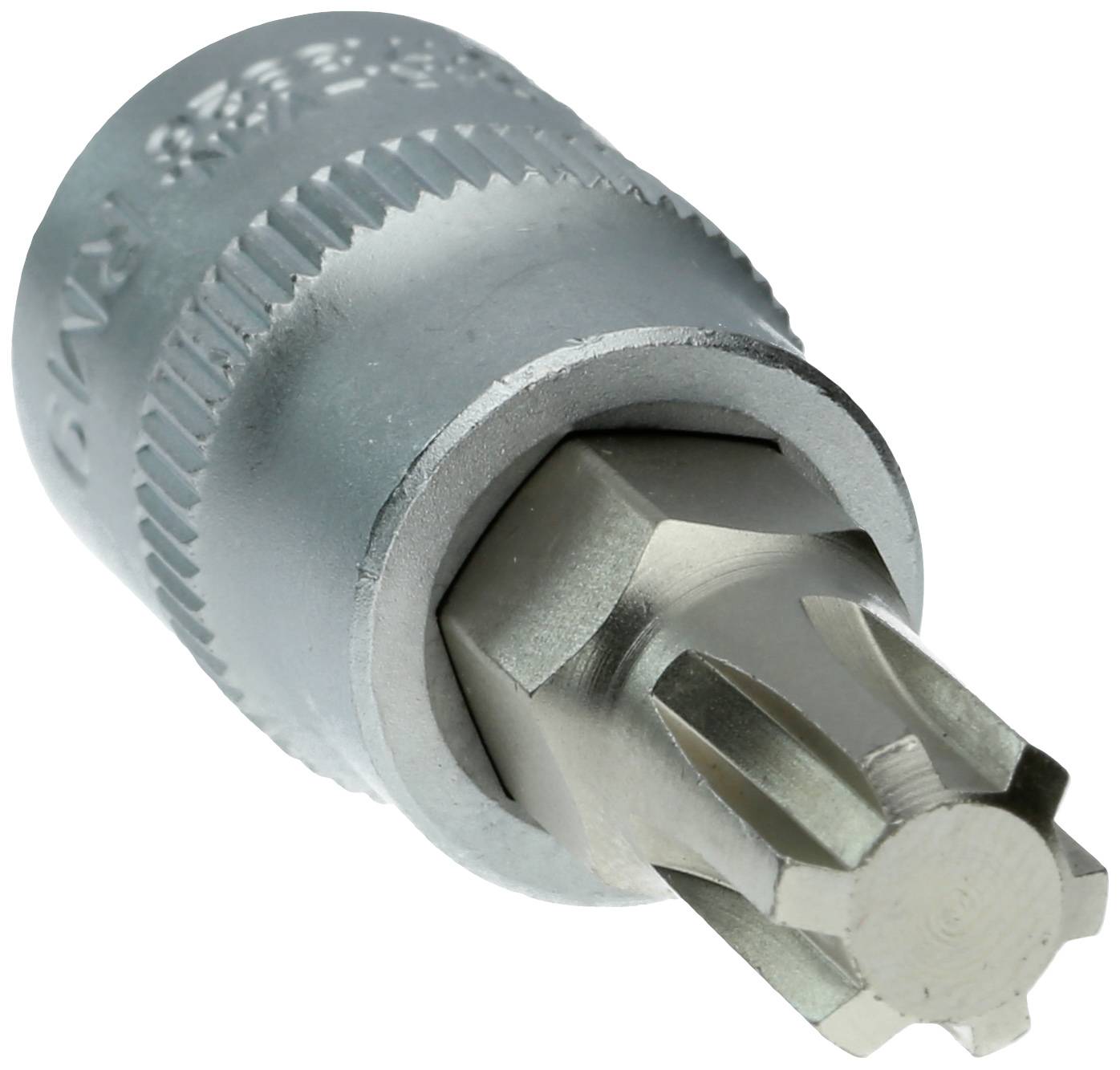 Torx-Bit-Aufsatz für Schraubendreher, metallisch, nahaufnahme, sechszackige Form, Industriedesign, Hintergrund unscharf.