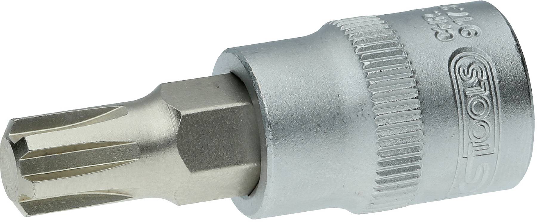 Ein silberner Steckschlüsselaufsatz mit einem sternförmigen Torx-Profil, geeignet für das Anziehen oder Lösen von Torx-Schrauben.