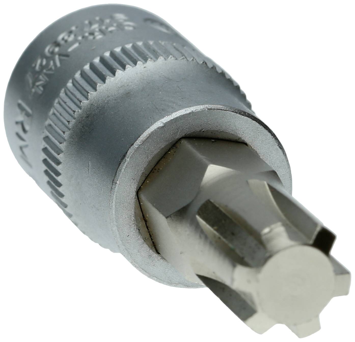 Metallischer Torx-Bit-Aufsatz für Schraubendreher, seitlich fotografiert, mit sechs-zackigem Stern-Profil.