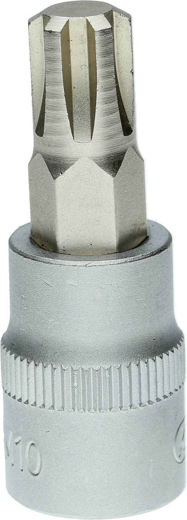 Ein silberner Steckschlüsselaufsatz mit einem sternförmigen Endstück. Geeignet für Torx-Schrauben, Größe T55.