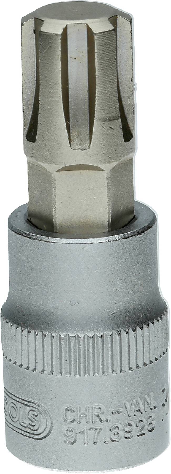 Steckschlüsseleinsatz aus Metall mit Vielzahnprofil, verwendet für Schraubarbeiten in Mechanik oder Handwerk.