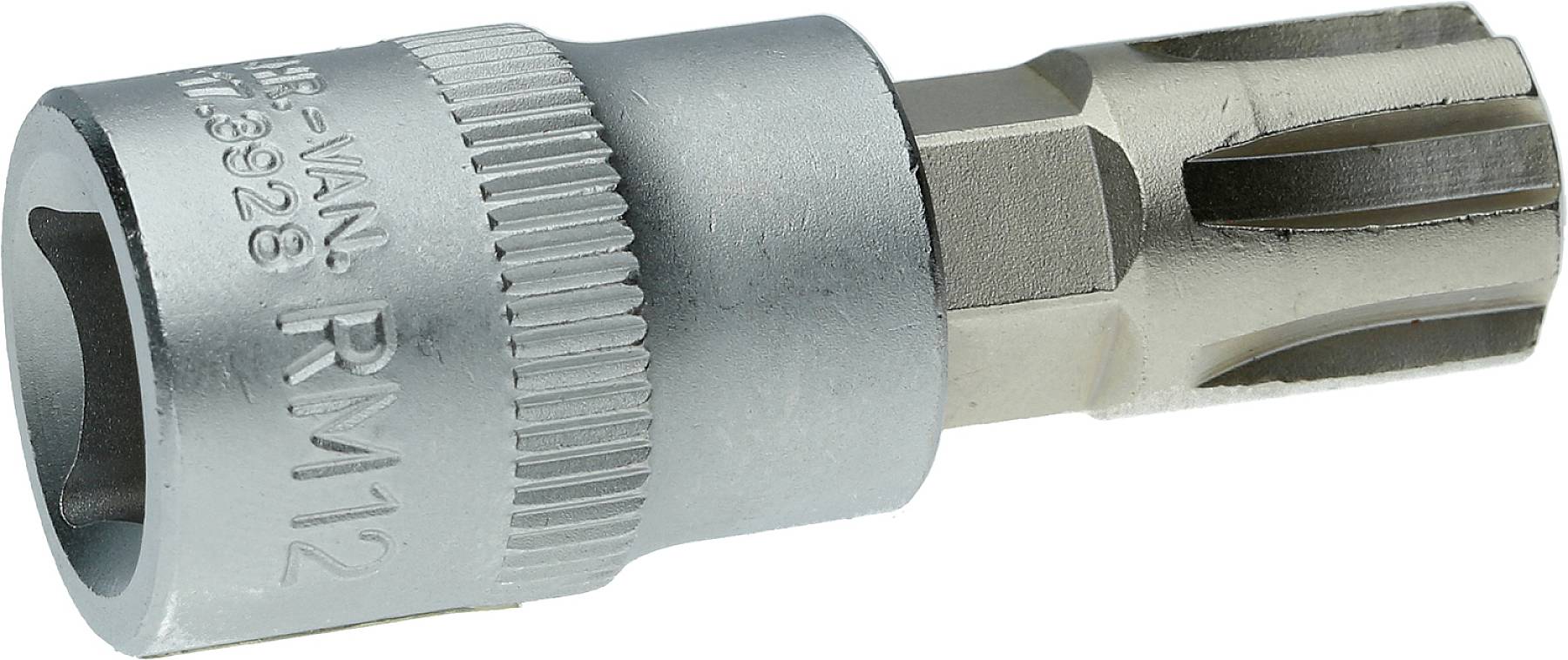 Metallische Torx-Schraubendrehereinsatz mit geriffeltem Griff und sechseckigem Anschluss, geeignet zum Schrauben von Torx-Schrauben.