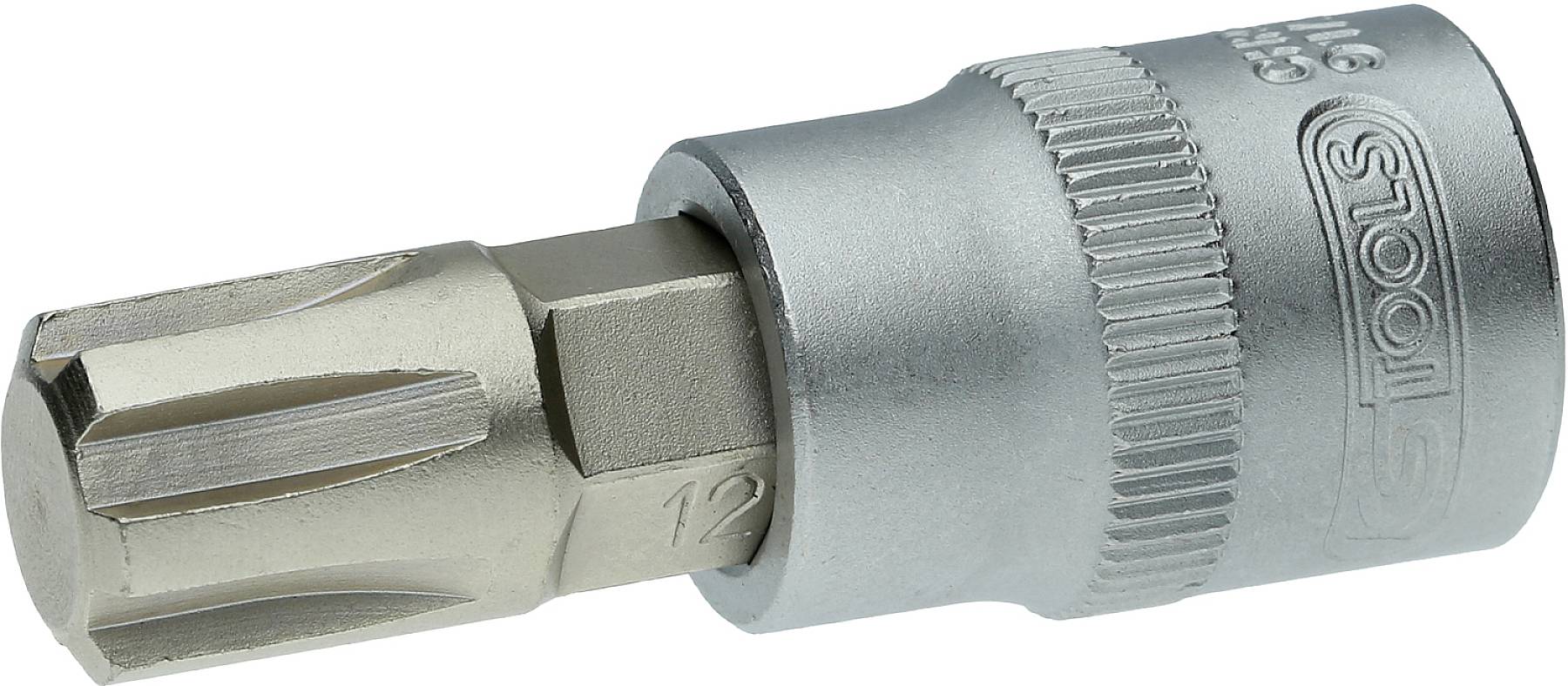 Ein Sechskant-Bitaufsatz mit Torx-Kopf an einem metallischen Halter, geeignet für Schraubendreher oder Bohrmaschinen.