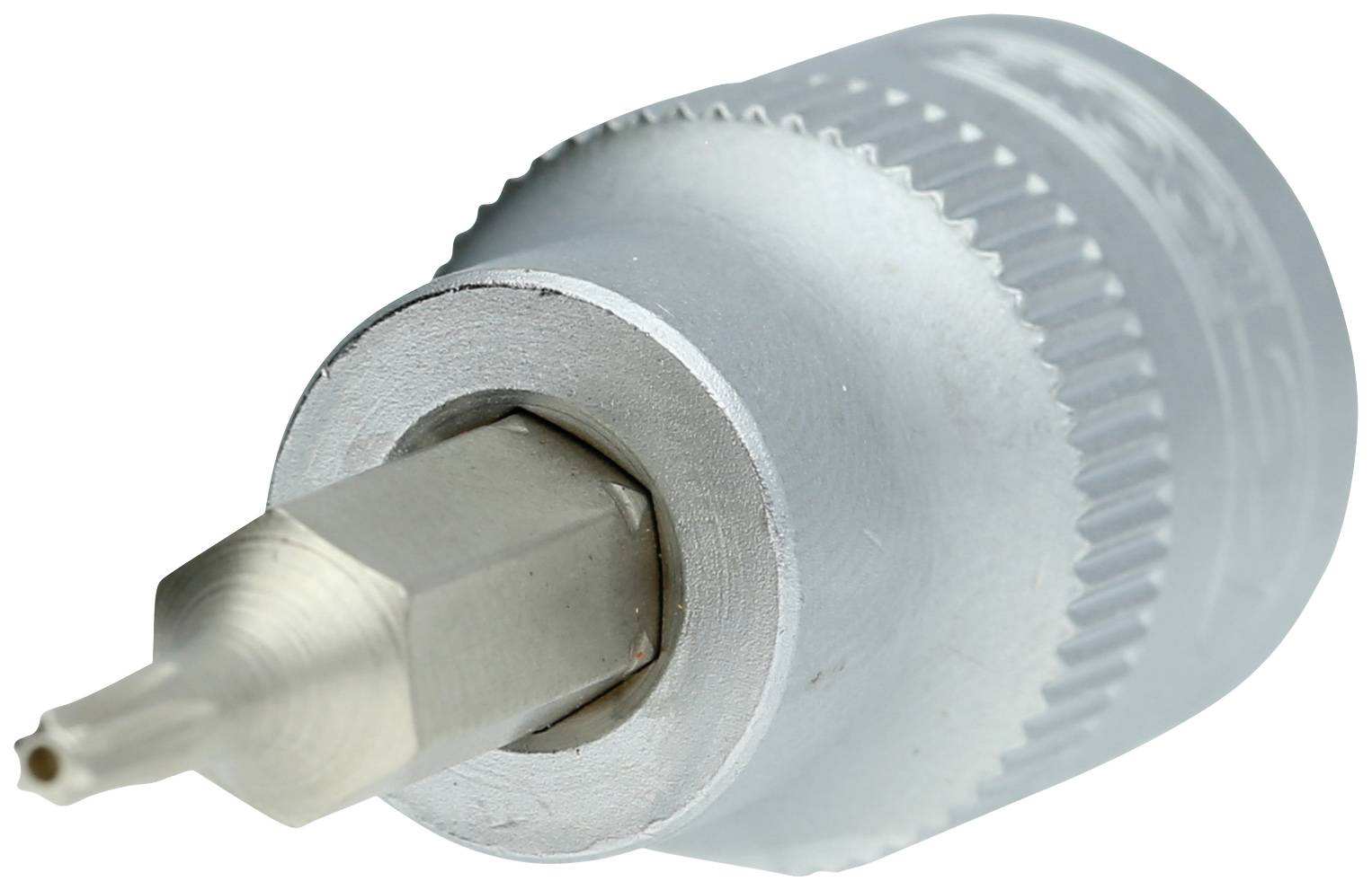 Metallschraube mit sechseckigem Kopf und geriffelter Oberfläche, offenbar Teil eines Werkzeugs oder Maschinenbauteils.