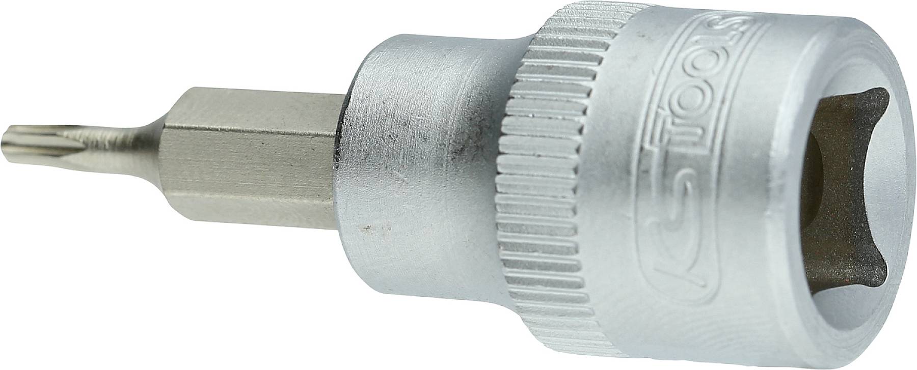 Ein silberner Sechskant-Schraubendreheraufsatz mit einem Torxkopf. Das Werkzeug ist metallisch und zylindrisch geformt.