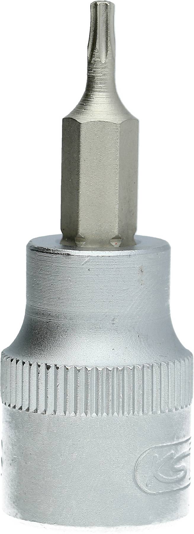 Ein silberner Steckschlüsselaufsatz mit einem Torx-Kopf oben, der für mechanische Arbeiten oder Reparaturen verwendet wird.