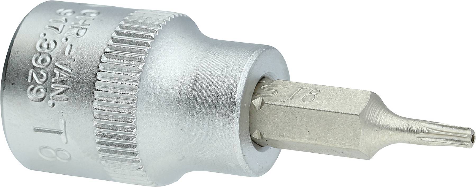 Ein silberner Torx-Bitaufsatz mit der Gravur 'CR-VAN T8 S7-3929', verwendet für Schraubanwendungen.