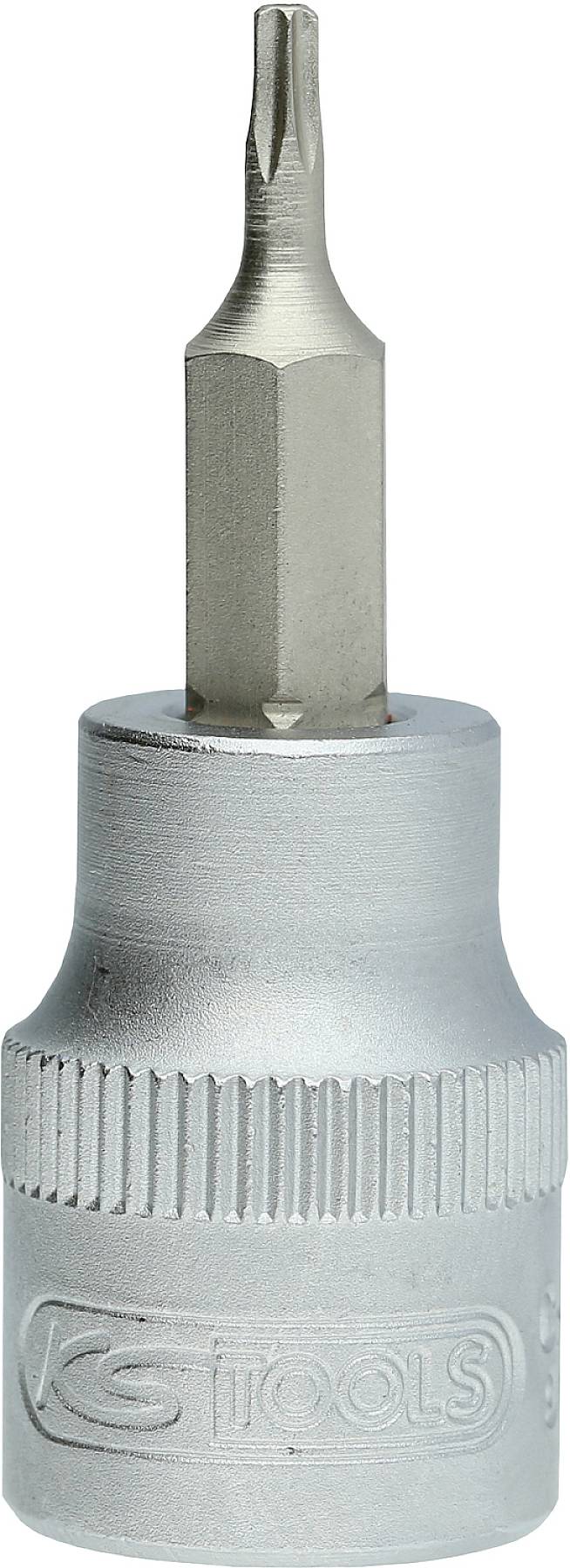 'KS Tools' Steckschlüssel-Bit mit Torx-Kopf, aus Metall, silberfarben, vor weißem Hintergrund.