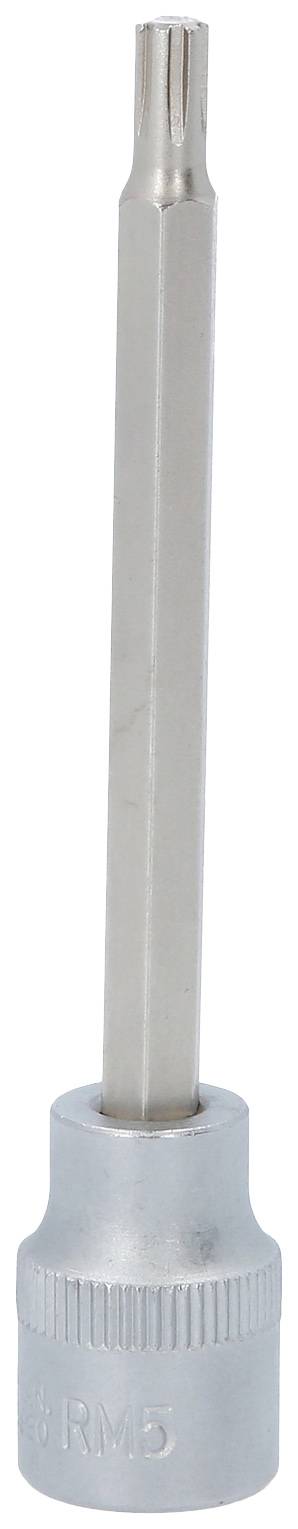 Ein Torx-Schraubendreher mit langem, silbernem Schaft und einem sechszackigen Kopf, vor einem weißen Hintergrund.