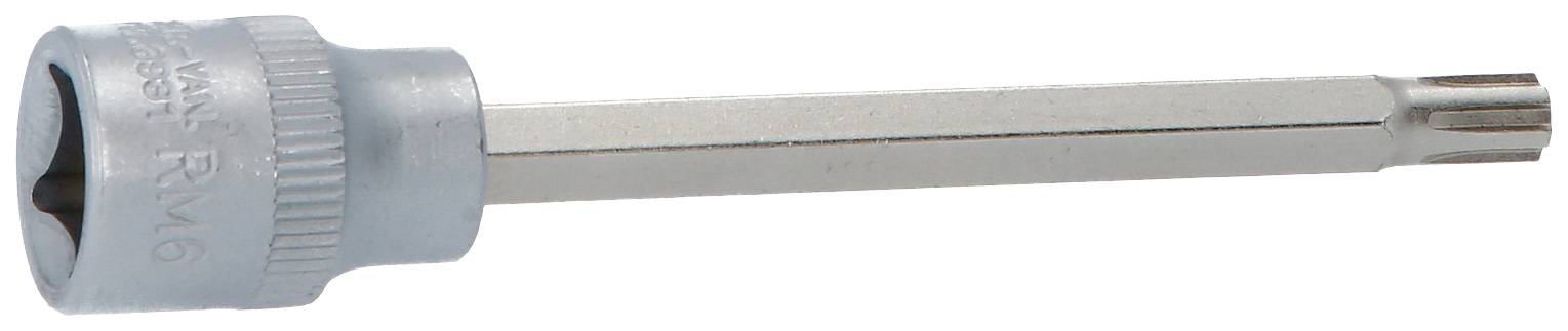 Ein grauer Aufsatz für einen Schraubenschlüssel mit einem sternförmigen Ende, geeignet zum Anziehen oder Lösen von Torx-Schrauben.