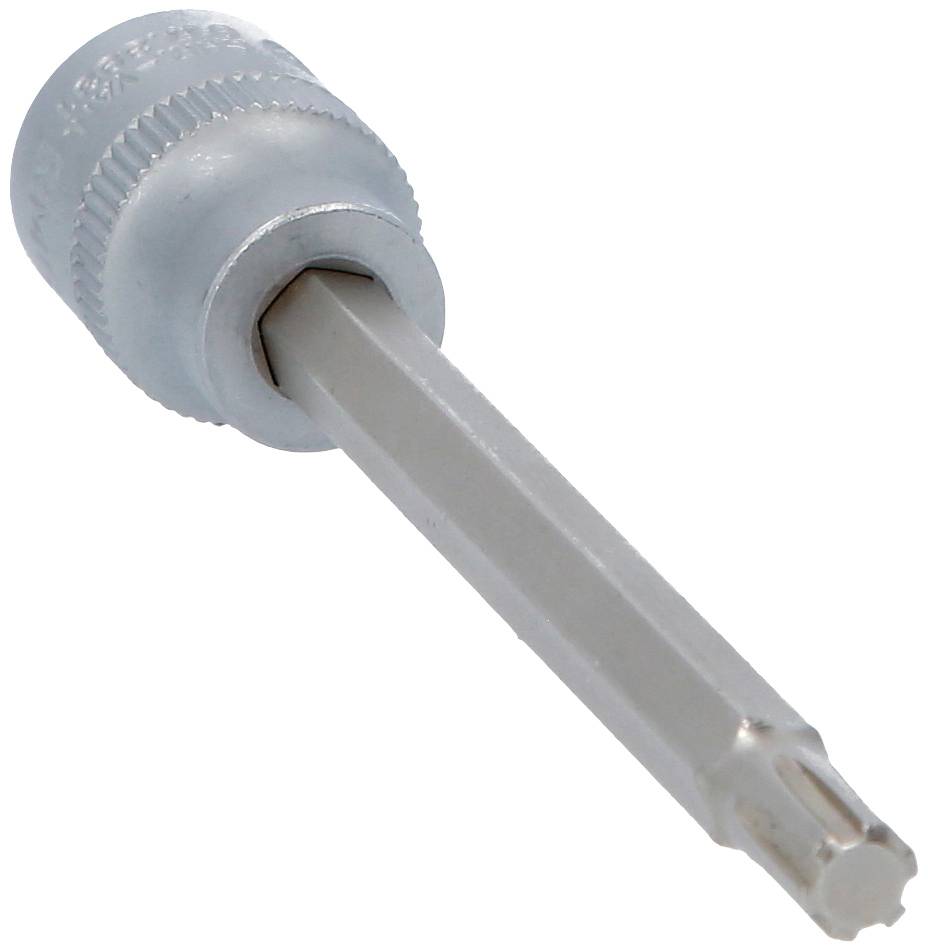 Ein silberner Schraubaufsatz mit Torx-Kopf, geeignet für Schraubarbeiten; zeigt den sechszackigen Sternansatz eines Torx-Schraubendrehers.