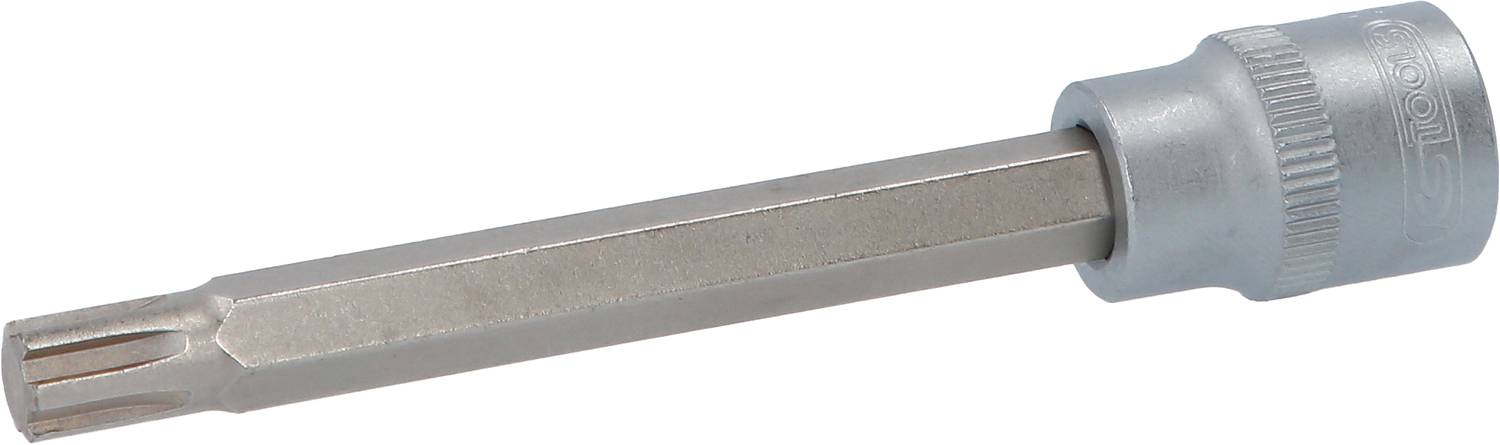 Ein silberfarbener Torx-Bitaufsatz für Schraubenschlüssel, mit sechseckiger Aufnahme und gezahntem Torx-Kopf, aus Metall.