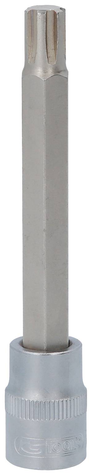 Langer, silberner Torx-Bit mit sechseckiger Aufnahme und geriffeltem Griff. Verwendung für Schraubverbindungen mit Torx-Profil.