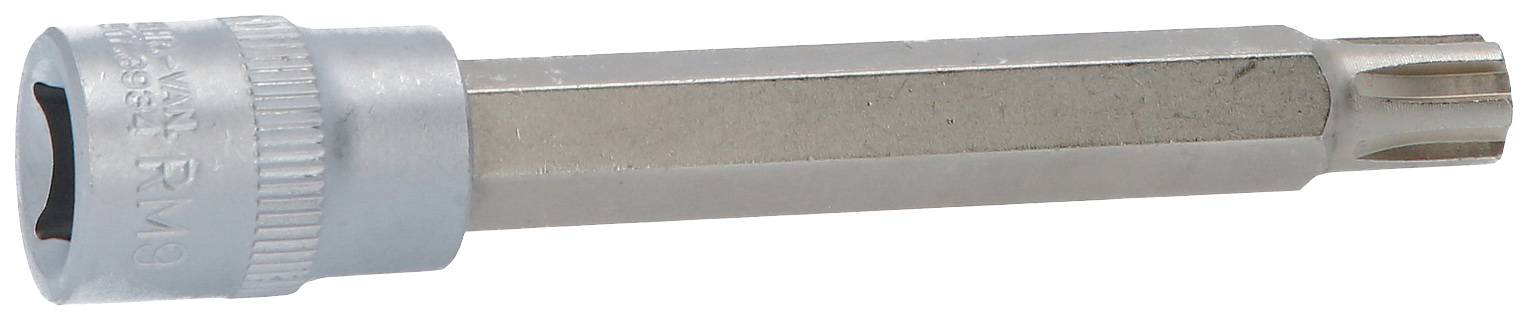 Ein silberner Schraubendreherbit mit sechskantiger Welle und sternförmiger Spitze für Torx-Schrauben, geeignet für mechanische Arbeiten.