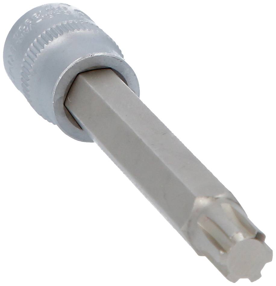 Ein silberner, sechskantiger Vielzahn-Steckschlüsselaufsatz gegen weißen Hintergrund, dient zur Drehbewegung von Schrauben.