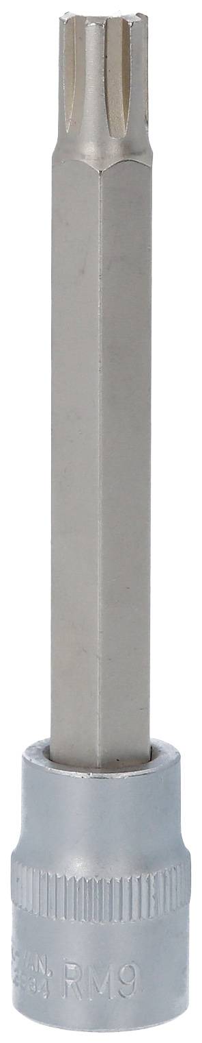 Ein silberner Torx-Bit mit Sechskant-Schaft und Steckschlüsseleinsatz, geeignet für die Handhabung von Schrauben mit Torx-Köpfen.