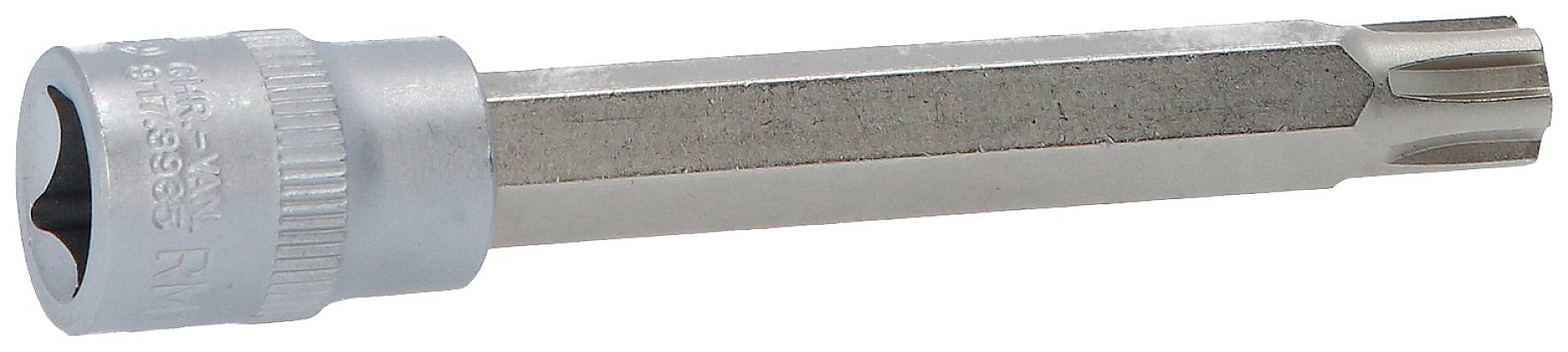 Ein Torx-Steckschlüssel mit sechszackigem Kopf und silbernem Griff, verwendet für Schrauben mit Innensechsrund.