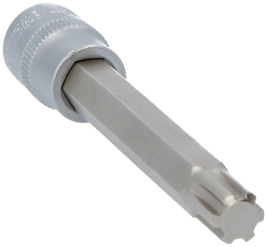 Steckschlüsseleinsatz mit Innensechskant und Außen-Torx-Profil, aus Metall. Geeignet für präzise mechanische Arbeiten.