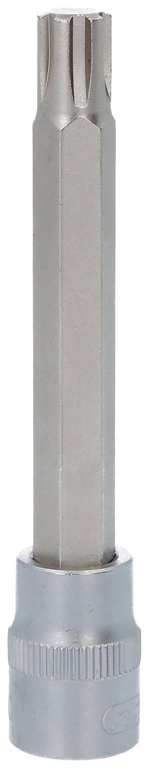 Ein silberner T-Profil-Bitbohrer mit sechseckiger Basis und geriffeltem Griff.