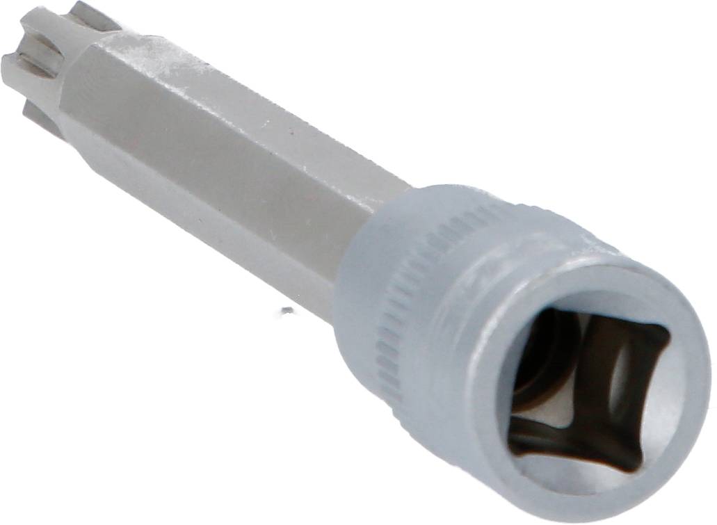 Silberner Zündkerzenschlüssel mit sechskantigem Schaft und Greiföffnung.