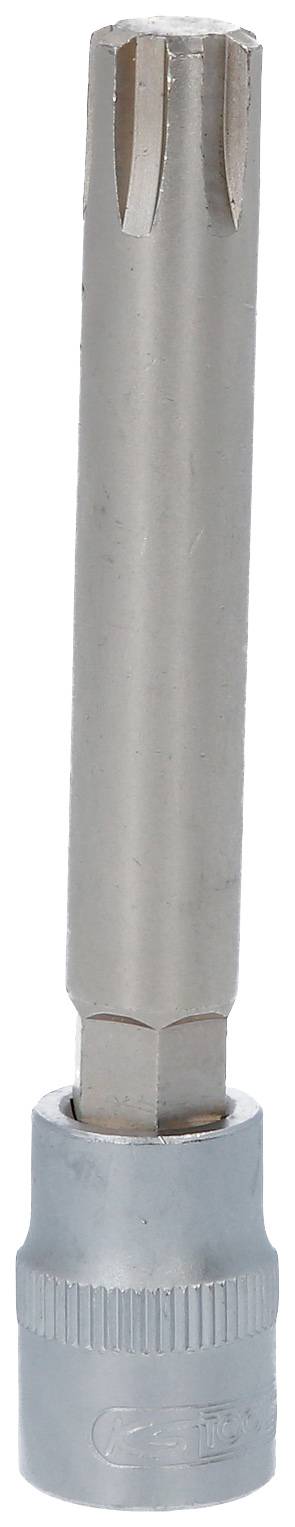 Ein metallischer Steckschlüssel-Aufsatz mit zylindrischer Form und gerilltem Kopf. Verwendet für spezielle Verschlüsse oder Schrauben.