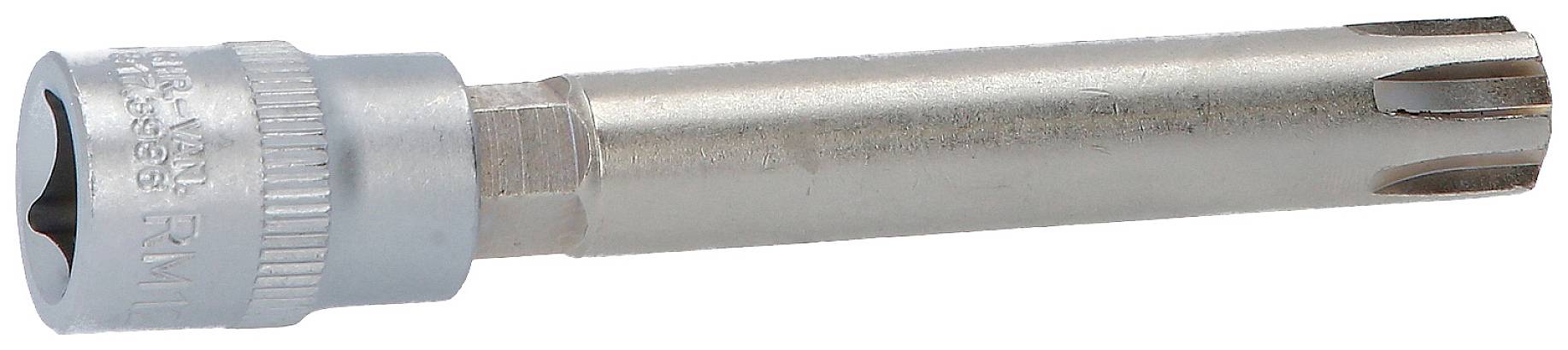 Metallisches Werkzeug mit sechskantigem Schaft und zylinderförmiger Spitze, verwendet für spezielle Schraubvorgänge.