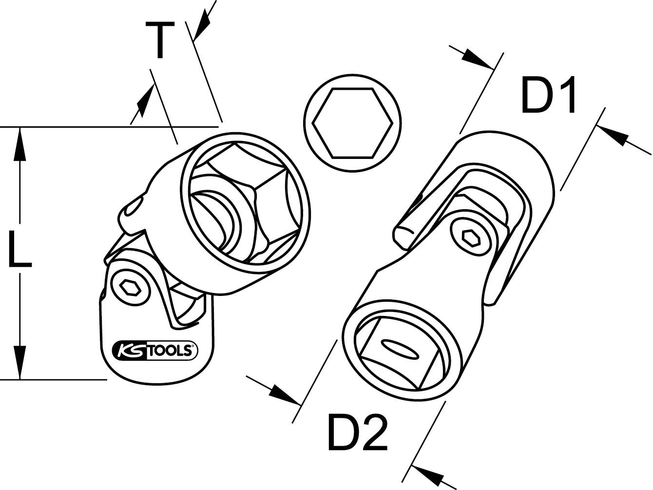 Abbildung von Gelenkknarrenadapter mit den Maßen: L, T, D1, D2. Enthält eine sechseckige Schraube und das Logo von KS Tools.