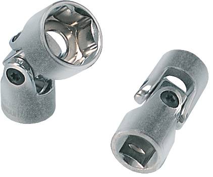 Zwei silberne Kardangelenke aus Metall, die für die Verbindung von Rohren oder anderen mechanischen Teilen verwendet werden.