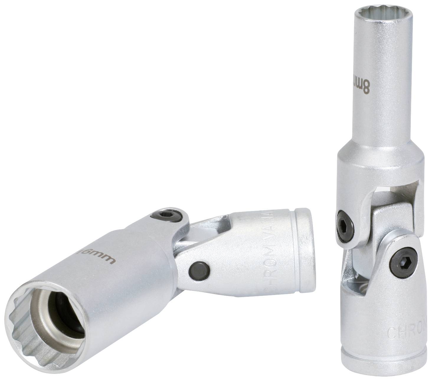 Zwei silberne Gelenknüsse, eine liegend und eine stehend, beide mit eingravierter Größe '10mm'.