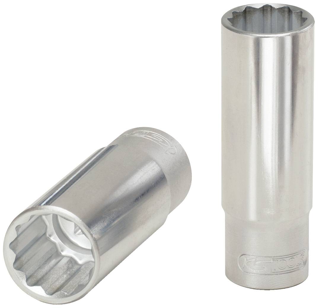 Zwei Stecknüsse aus Metall, eine stehend und die andere seitlich liegend. Sie haben einen sechskantigen Innenraum für Schrauben.