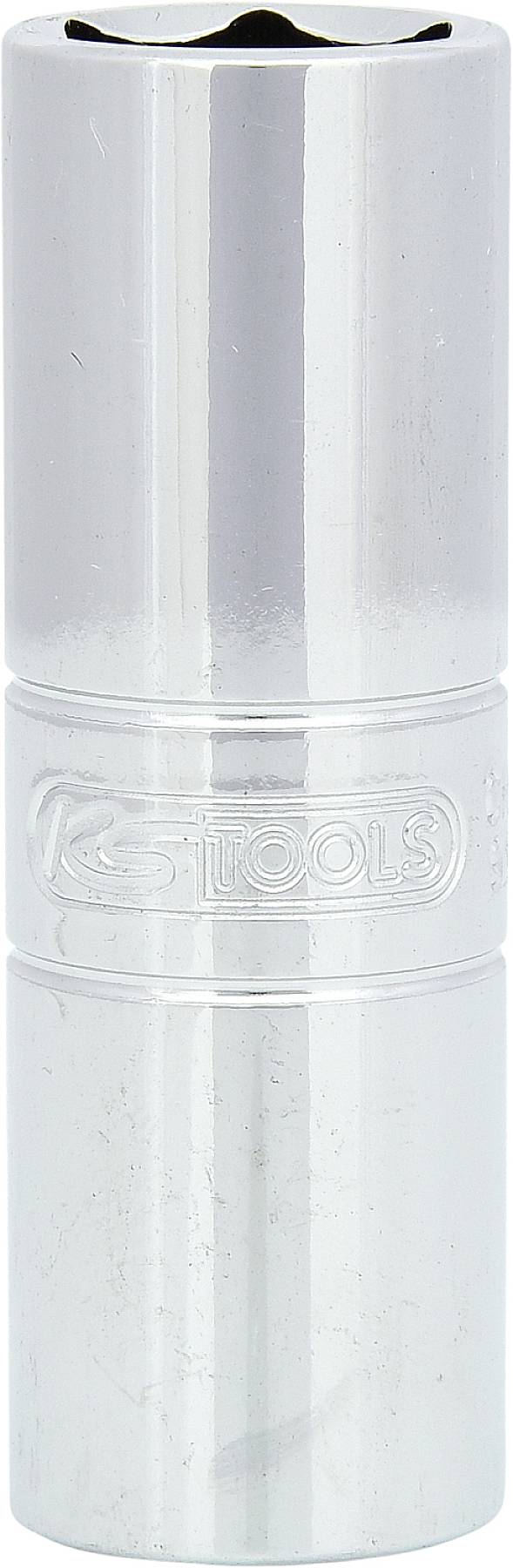 Ein silberner Sechskant-Steckschlüssel mit 'KS Tools'-Logo, glänzende Oberfläche. Geeignet für Arbeiten mit Schrauben und Muttern.
