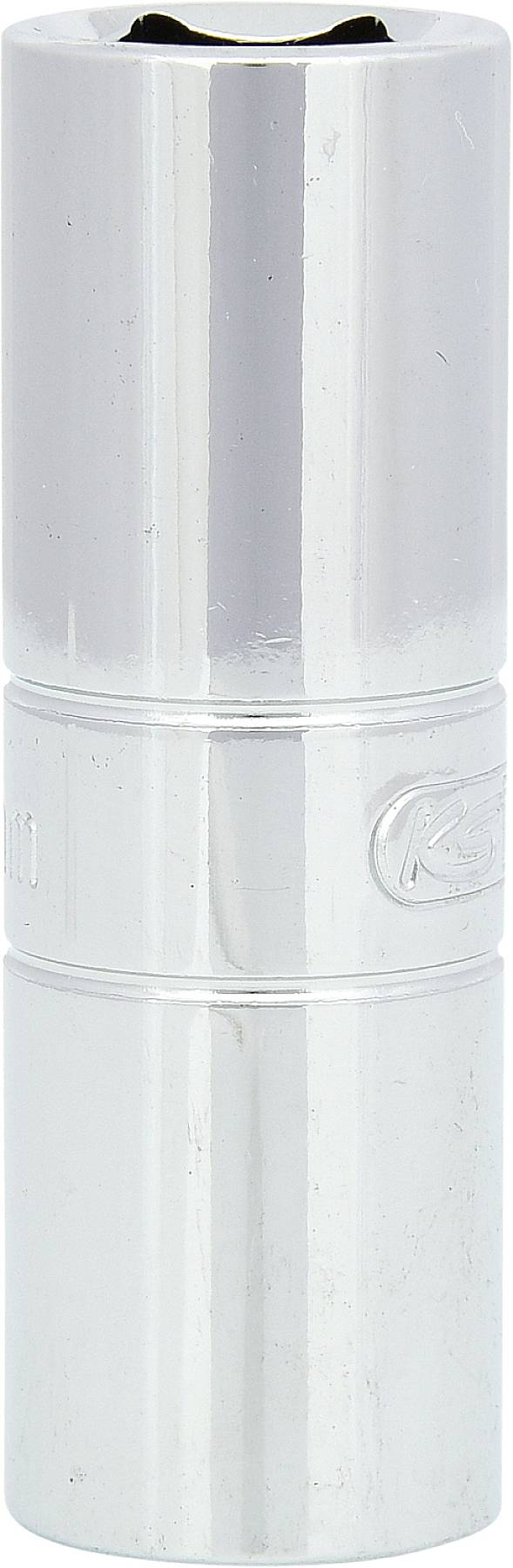 Ein silberner Steckschlüsselaufsatz aus Metall mit glatter Oberfläche und markanter Marke an der Seite. Geeignet für Schraubarbeiten.