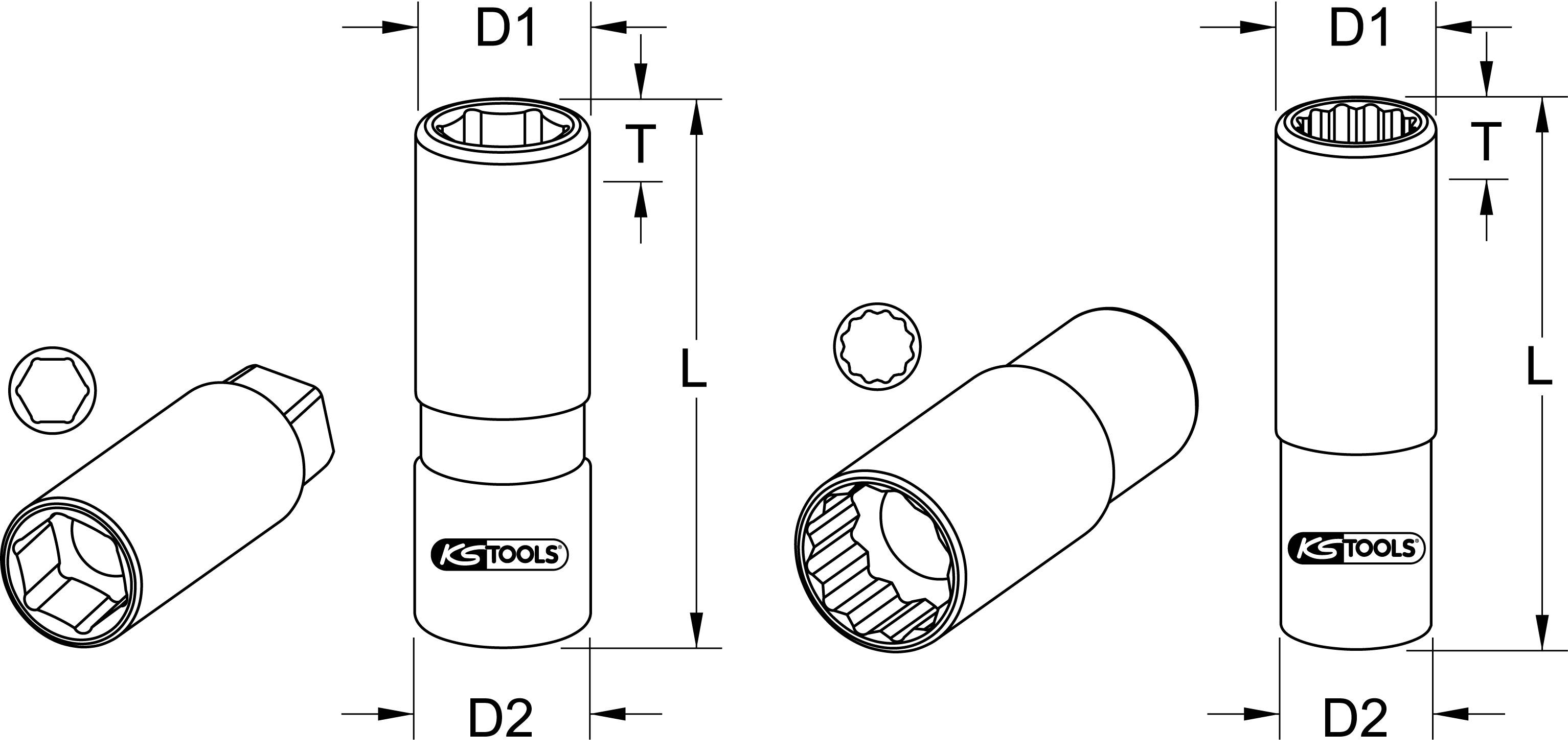 Diagramm zeigt zwei Steckschlüsseleinsätze mit Maßen D1, D2, T, L. Links: Sechskant. Rechts: Zwölfkant. Beide mit KS Tools Logo.