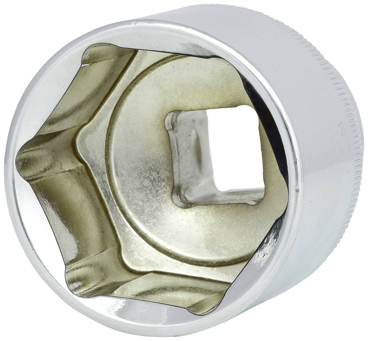 Metallische Stecknuss mit sechseckiger Öffnung für Ratschen, verwendet zum Festziehen oder Lösen von Schraubenmuttern.