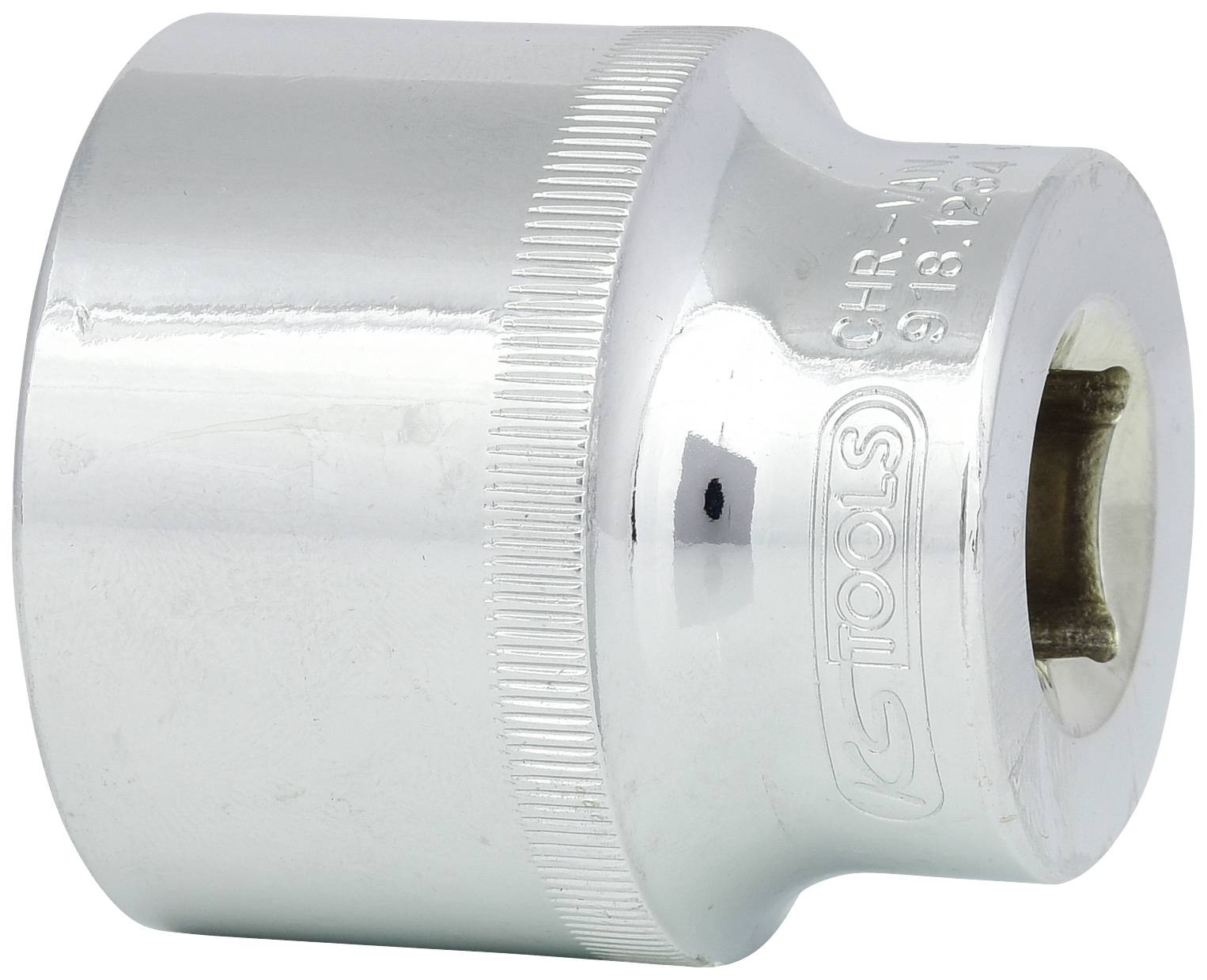 Eine silberne Stecknuss aus Metall, zylinderförmig, mit geriffeltem Rand für besseren Halt.