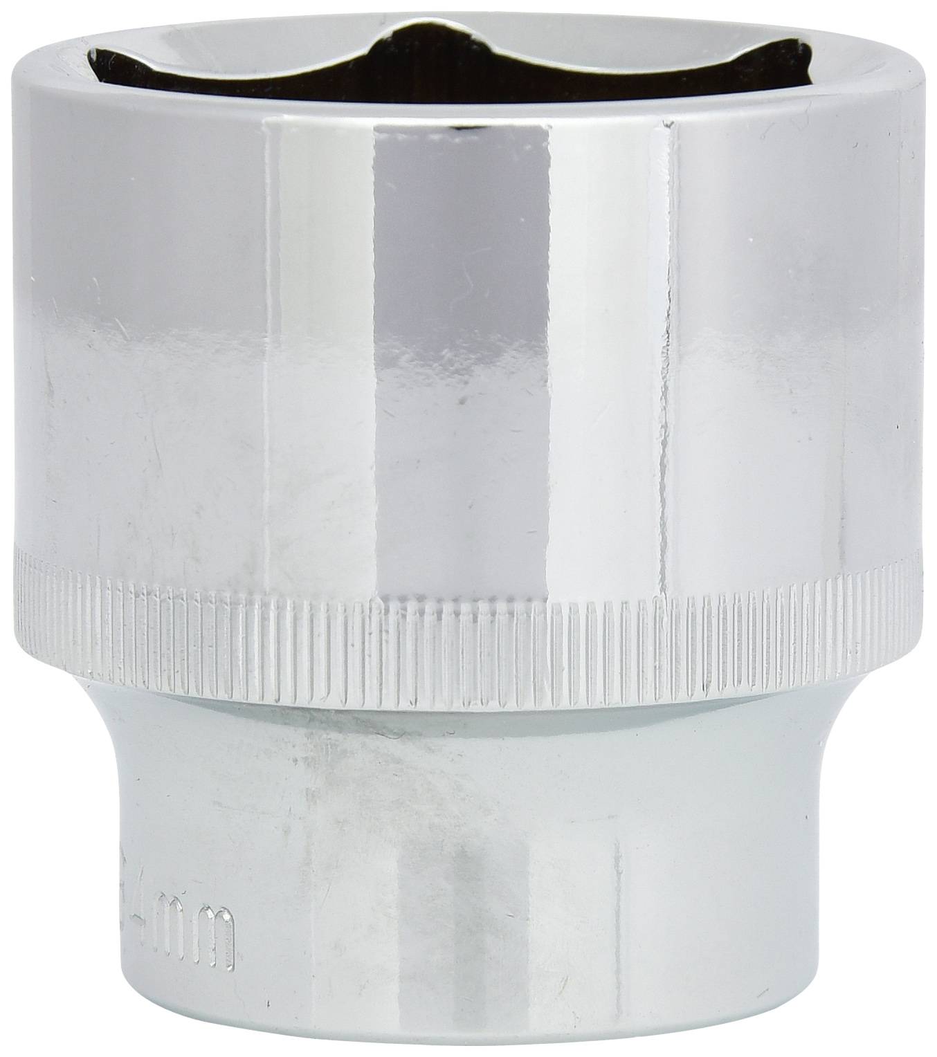 Ein silberfarbener Steckschlüsseleinsatz in zylindrischer Form mit Riffelung, geeignet für unterschiedliche Schraubengrößen.