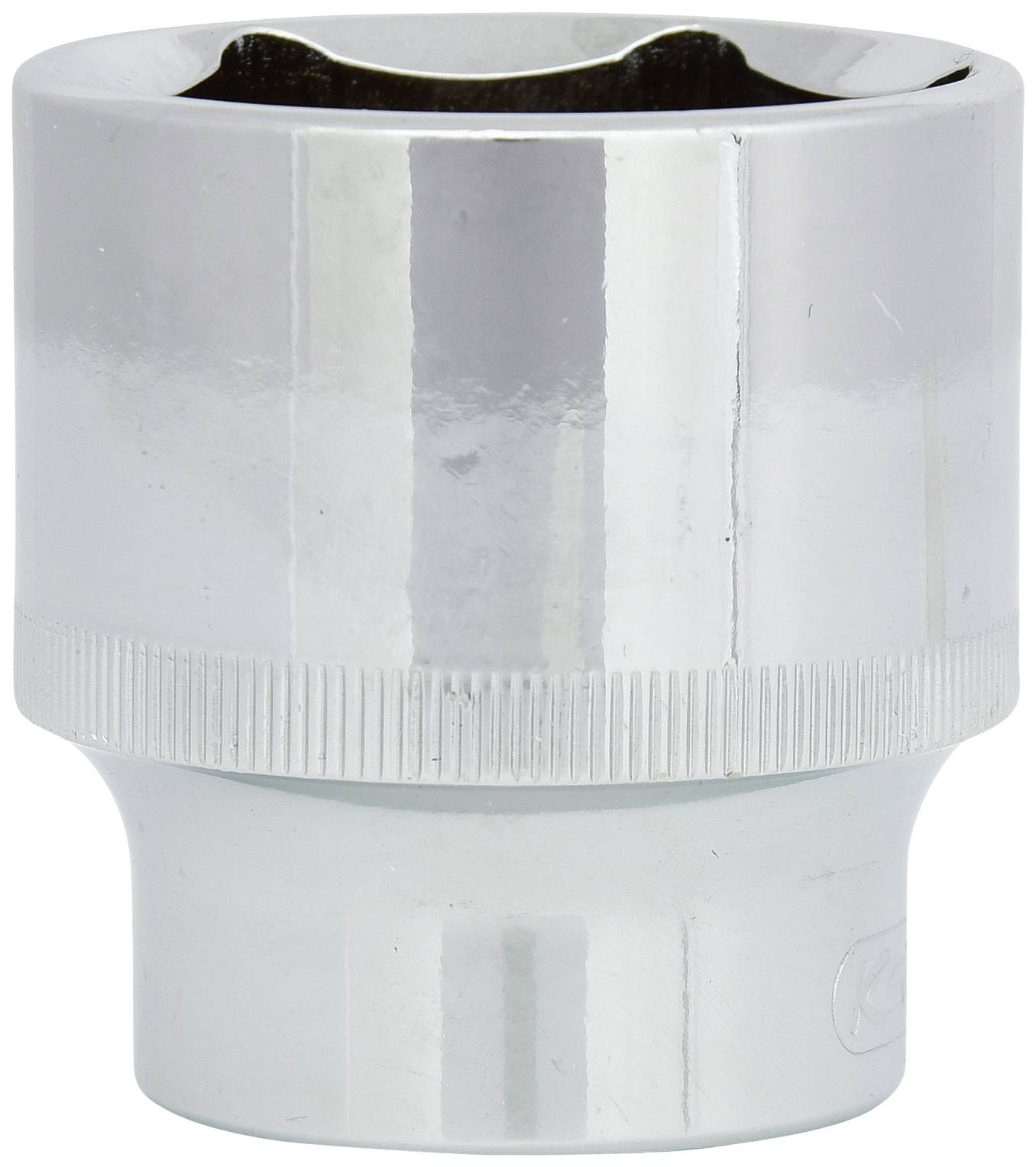 Metall-Steckschlüsseleinsatz mit glänzender Oberfläche, gerändeltem Griffbereich und sechseckiger Öffnung für Schrauben.