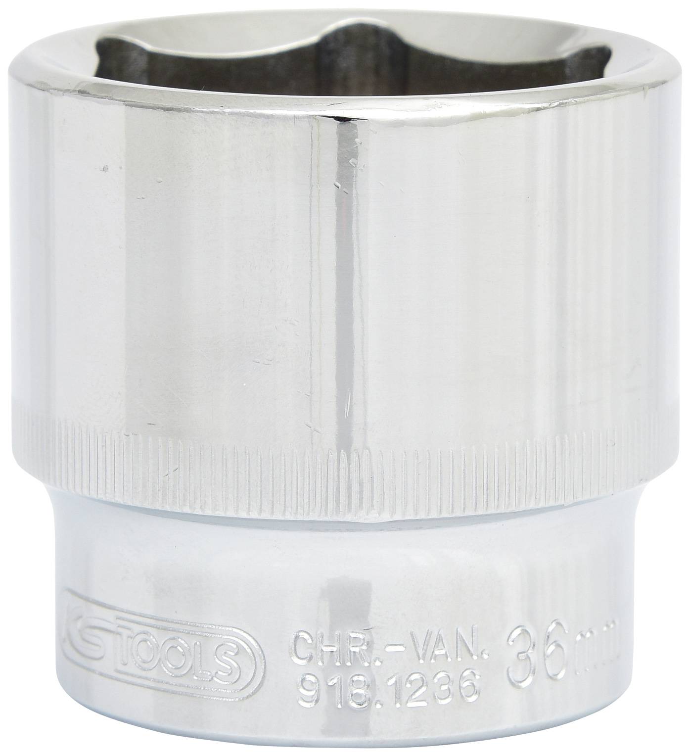 Chrom-Vanadium-Steckschlüssel, Größe 36 mm, aus glänzendem Metall, mit eingravierter Herstellerkennzeichnung und Modellnummer.