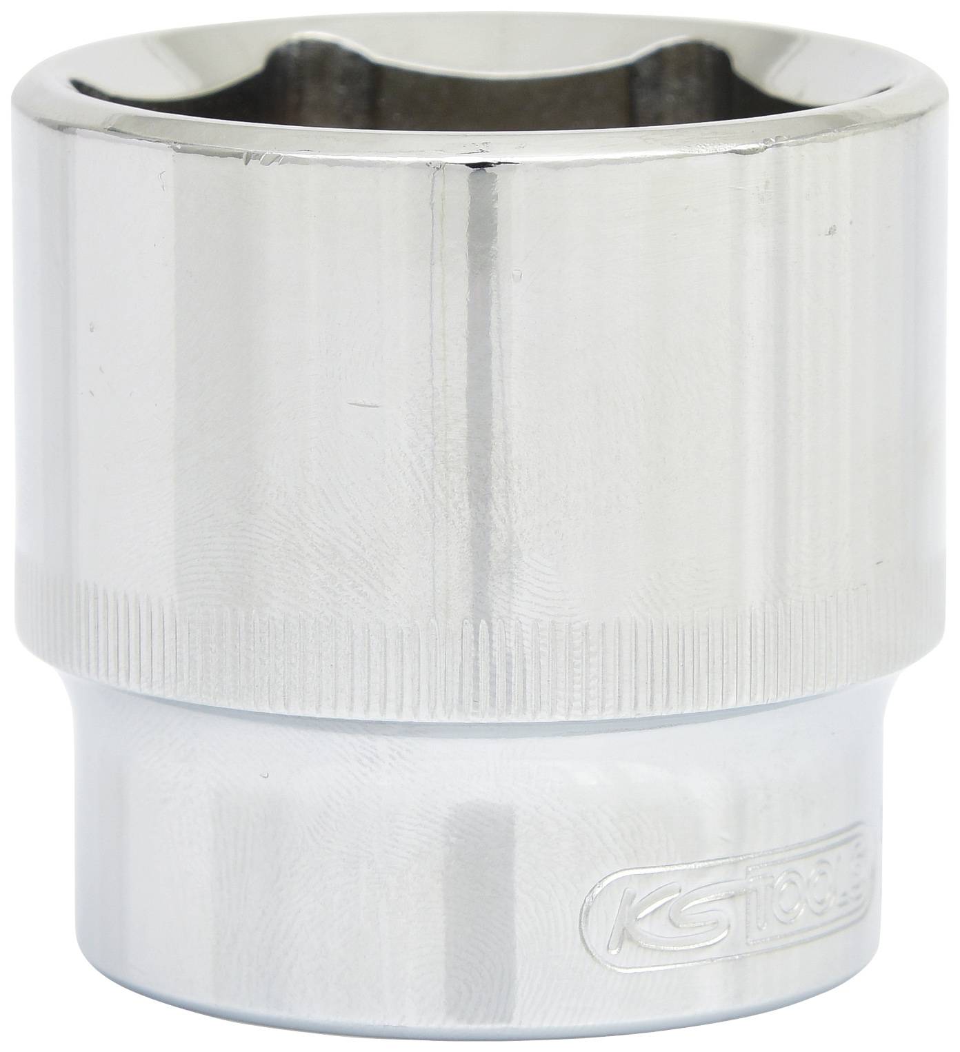 Ein silberner Steckschlüsselaufsatz aus Metall, zylinderförmig mit geriffeltem Griff.