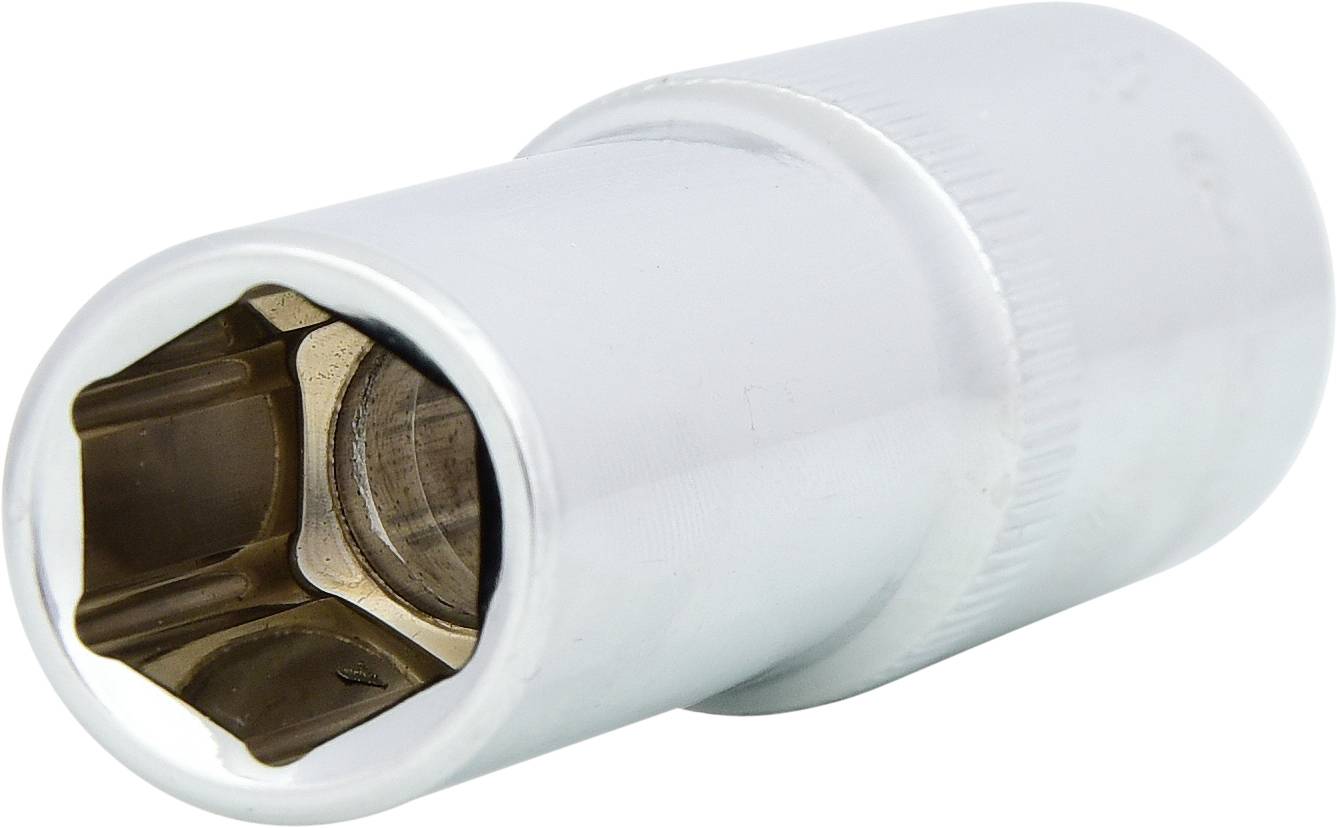 Silberfarbene Stecknuss mit sechseckiger Öffnung, verwendet für Schraubarbeiten an Muttern oder Bolzen.