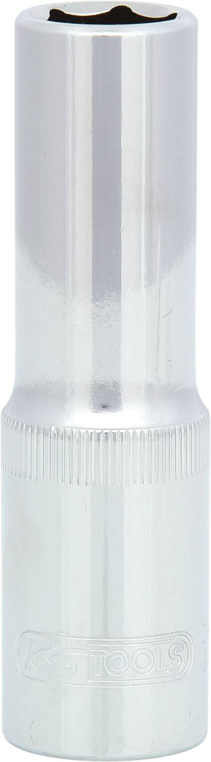 Chrom-glänzender Steckschlüssel mit sechseckiger Öffnung oben, verwendet für die Befestigung von Muttern und Schrauben.