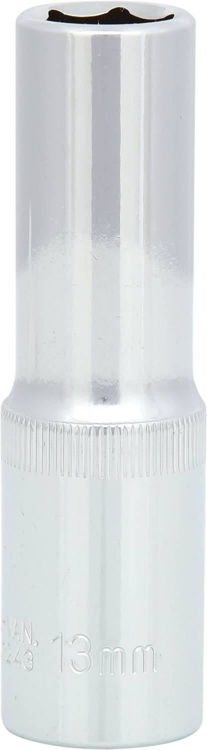 Silberne 13 mm Stecknuss mit geriffeltem Griff, hauptsächlich zum Lösen oder Festziehen von Muttern und Schrauben verwendet.