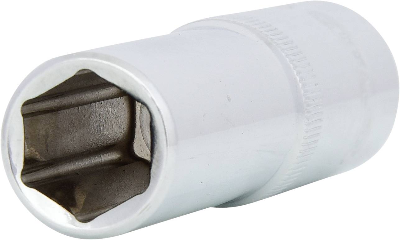 Ein silberner Steckschlüssel-Aufsatz mit sechseckiger Öffnung, verwendet für Schraubarbeiten.