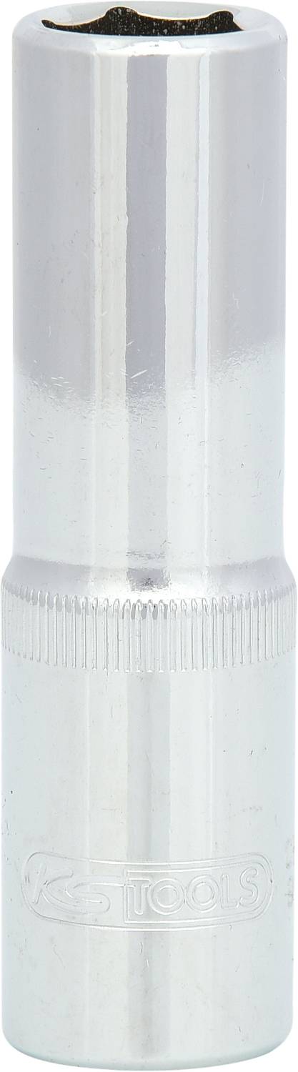 Eine silberne Stecknuss mit geriffeltem Griff und eingeprägtem Logo, geeignet für Schraubarbeiten.