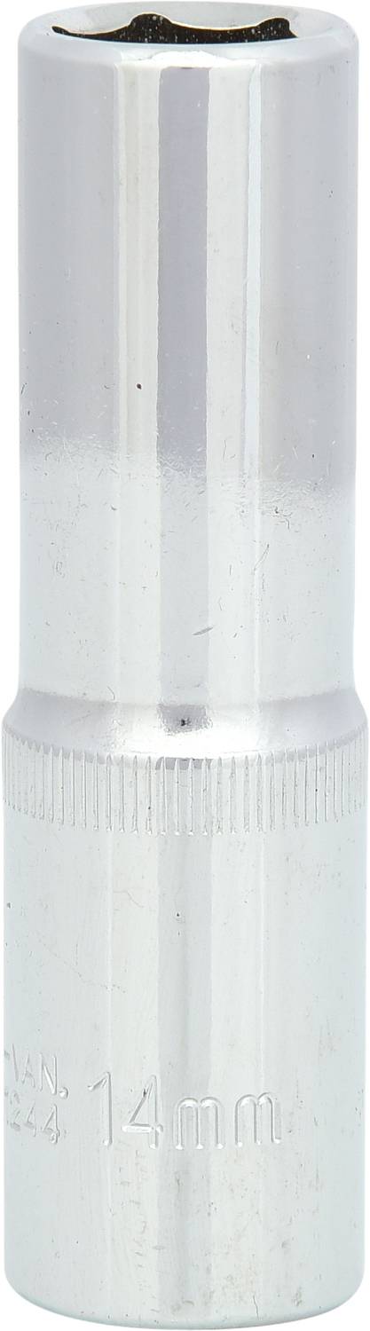 Eine silberne Stecknuss in zylindrischer Form, mit der Prägung '14 mm', geeignet für Schraubarbeiten.