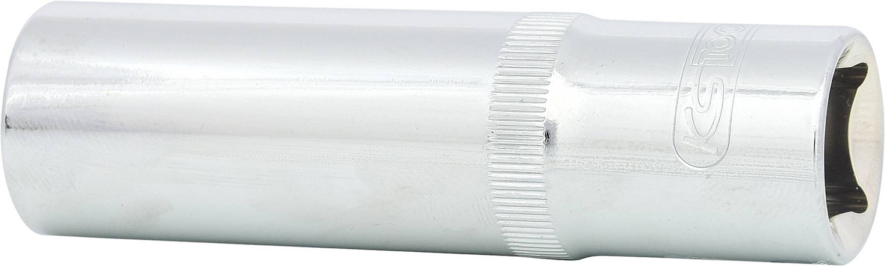 Silberfarbene Stecknuss mit geriffelter Griffpartie für besseren Halt, geeignet zum Anziehen von Schrauben oder Muttern.