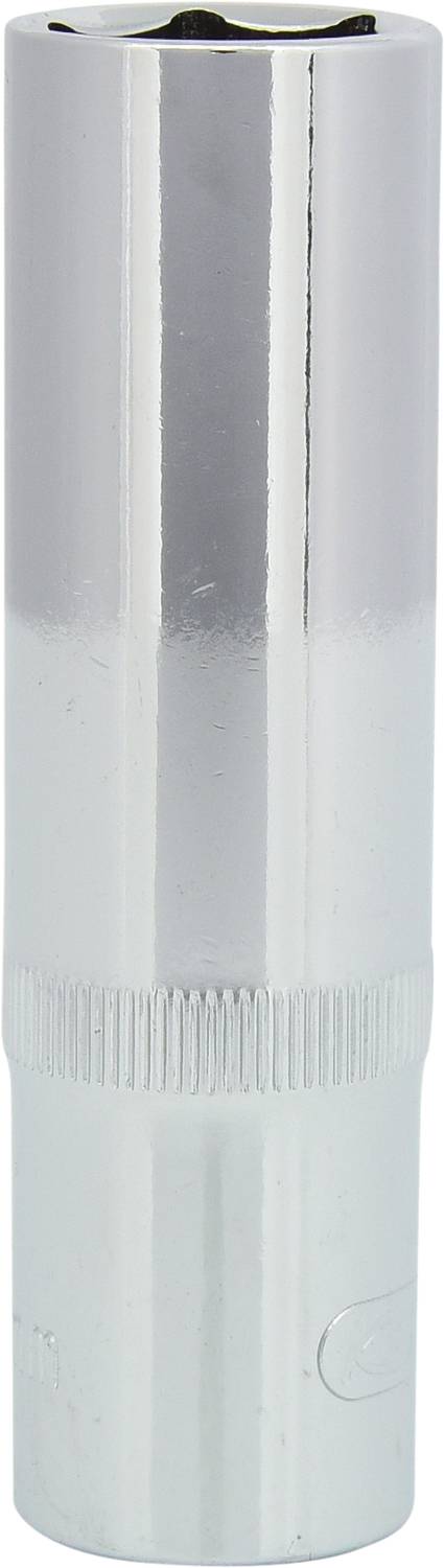 Ein verchromtes Sechskant-Stecknusswerkzeug in glänzendem Silber zur Befestigung von Schrauben.