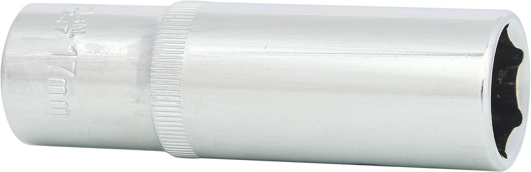 Ein silberner Steckschlüssel mit geriffeltem Griff und aufgedruckter Größenangabe '12 mm'.