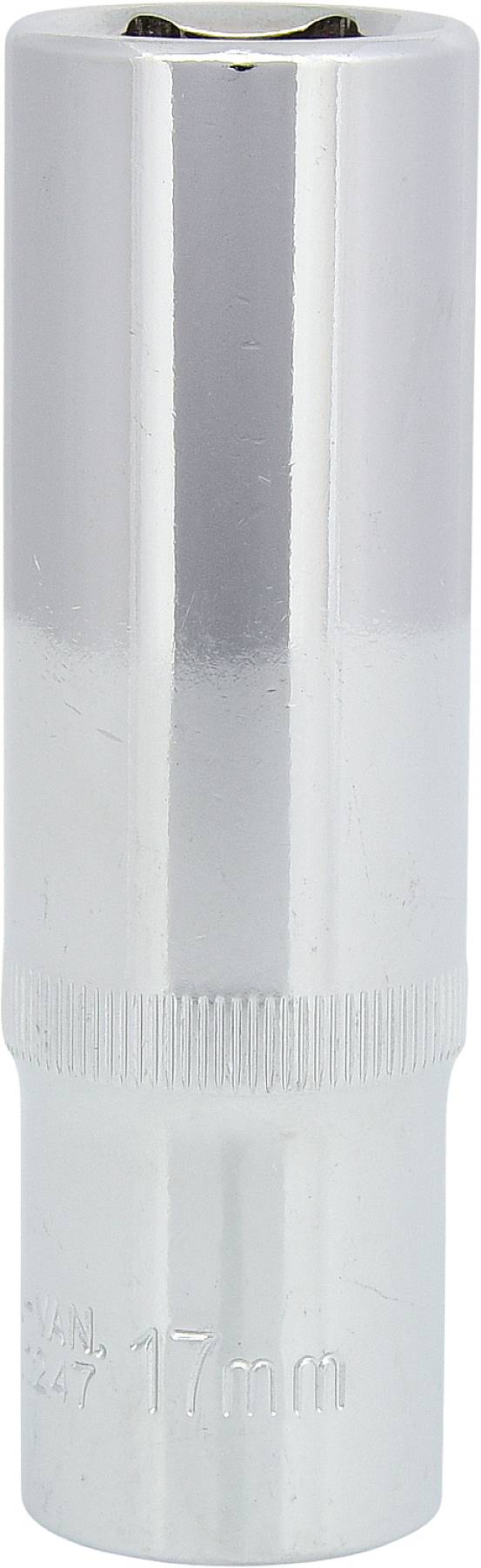 Metallschraubenschlüssel, 17 mm Größe, verchromte Oberfläche, zylindrische Form, für allgemeine Befestigungsarbeiten geeignet.